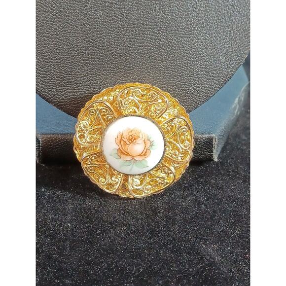 Vintage Floral Ceramic Scarf Clip Western Germany Gold Toned - Picture 2 of 6